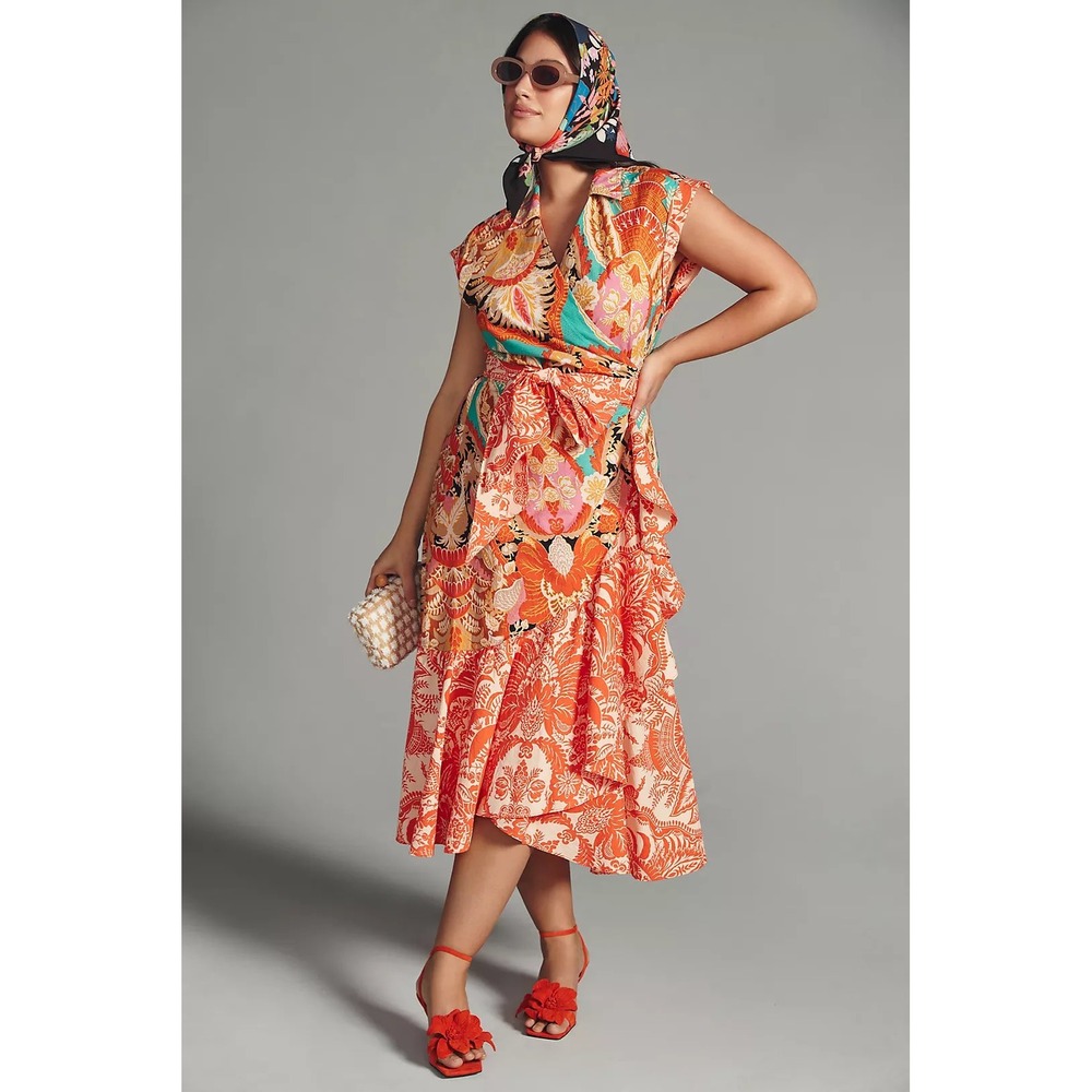 By Anthropologie Orange Paisley Ruffle Wrap Midi Dress Petite XSP High Low Boho